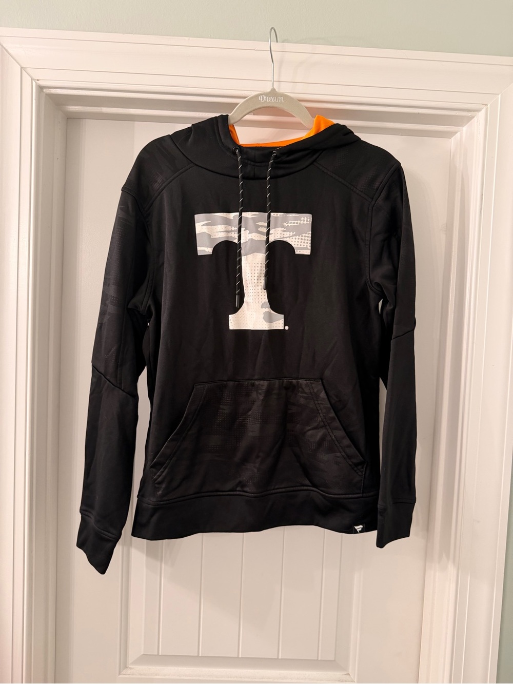 Fanatics Black Crewneck Hoodie with White Graphic T and Orange Lining